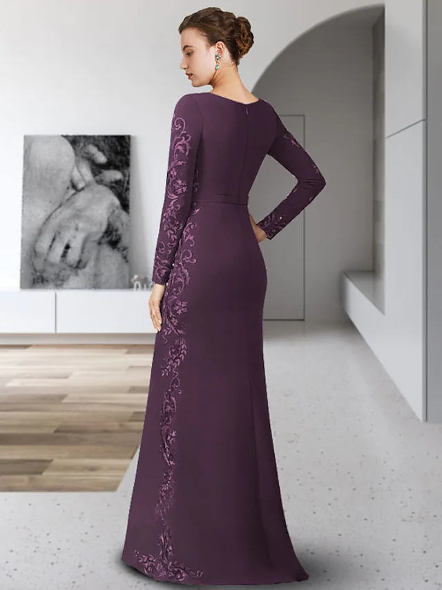 Luolandi Mother of the Bride Dress Elegant Jewel Neck Floor Length Chiffon Lace Long Sleeve with Sash Ribbon Appliques Grape