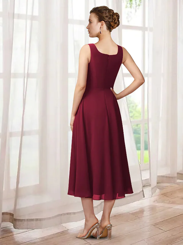 Luolandi Two Piece A-Line Mother of the Bride Dress Elegant Jewel Neck Tea Length Chiffon Lace 3/4 Length Sleeve with Appliques Burgundy