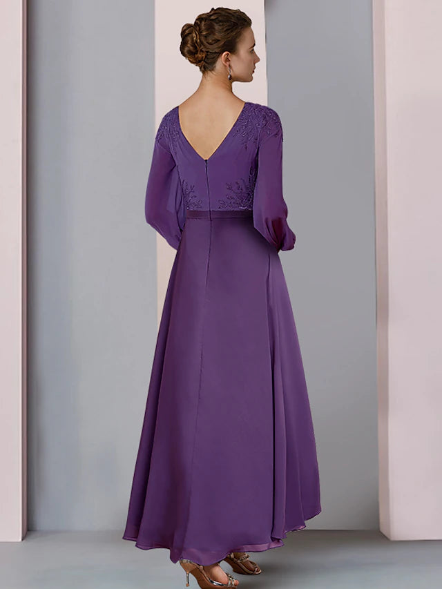 Luolandi Sheath / Column Mother of the Bride Dress Wedding Guest Party Elegant V Neck Asymmetrical Chiffon Lace Long Sleeve