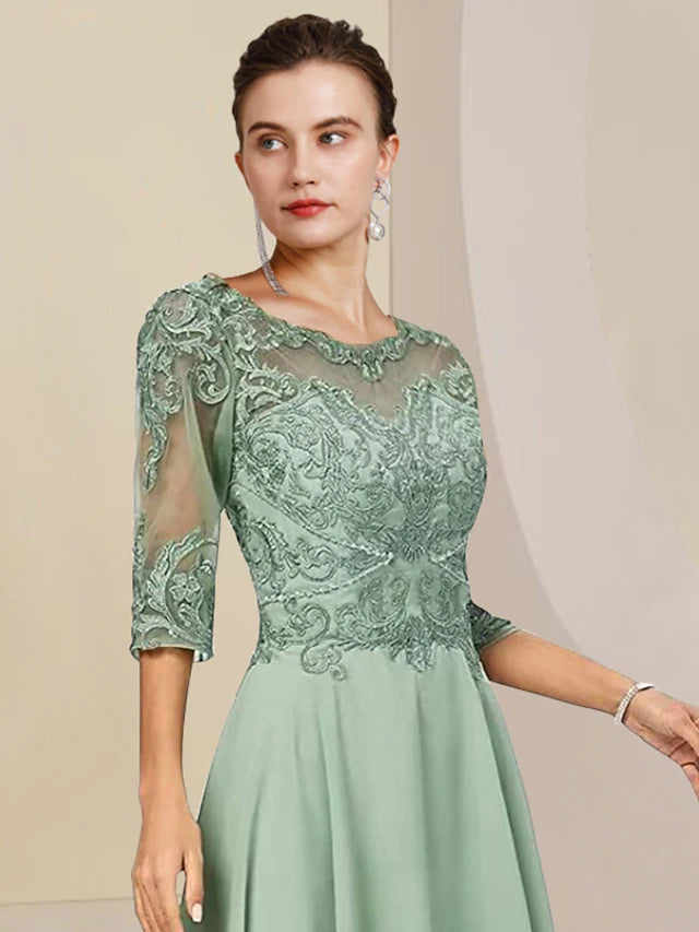 Luolandi Two Piece A-Line Mother of the Bride Dress Formal Wedding Guest Elegant High Low Scoop Neck Asymmetrical Tea Length Chiffon Lace Half Sleeve Wrap Included with Beading