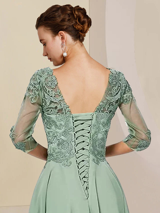 Luolandi Two Piece A-Line Mother of the Bride Dress Formal Wedding Guest Elegant High Low Scoop Neck Asymmetrical Tea Length Chiffon Lace Half Sleeve Wrap Included with Beading