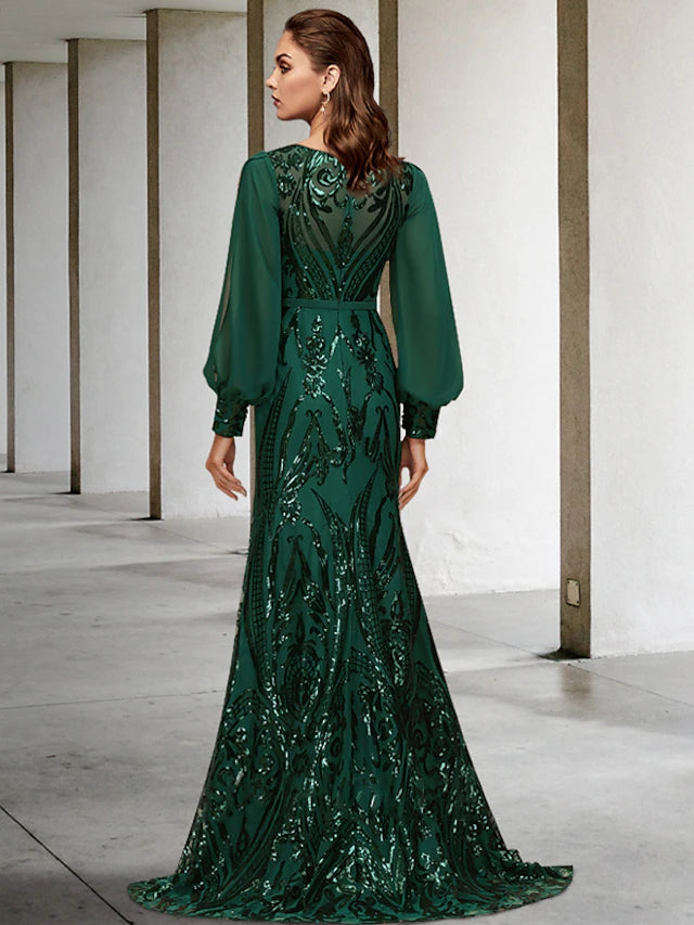 Luolandi Mermaid / Trumpet Mother of the Bride Dress Wedding Guest Elegant Sparkle & Shine Jewel Neck Sweep / Brush Train Chiffon Sequined Long Sleeve with Sequin