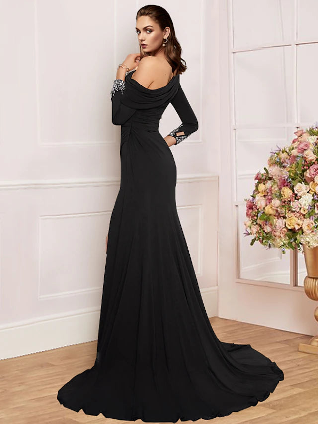 Luolandi Sheath / Column Mother of the Bride Dress Formal Vintage Elegant Off Shoulder Sweep / Brush Train Fabric Long Sleeve with Crystals Split