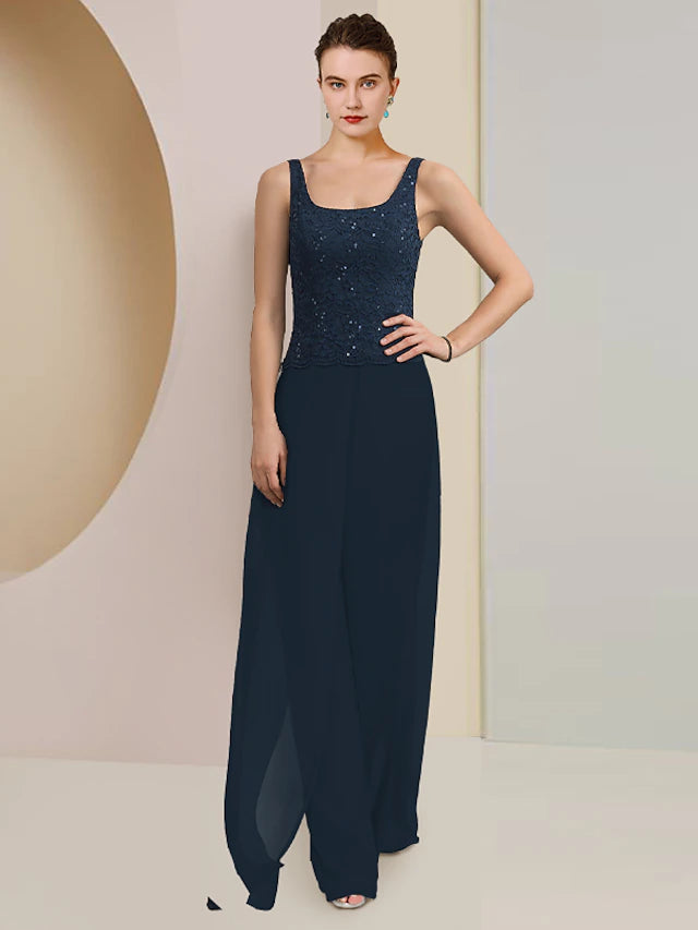 Luolandi Jumpsuit / Pantsuit 3 Piece Mother of the Bride Dress Formal Wedding Guest Plus Size Elegant Scoop Neck Floor Length Chiffon Lace Sleeveless Wrap Included