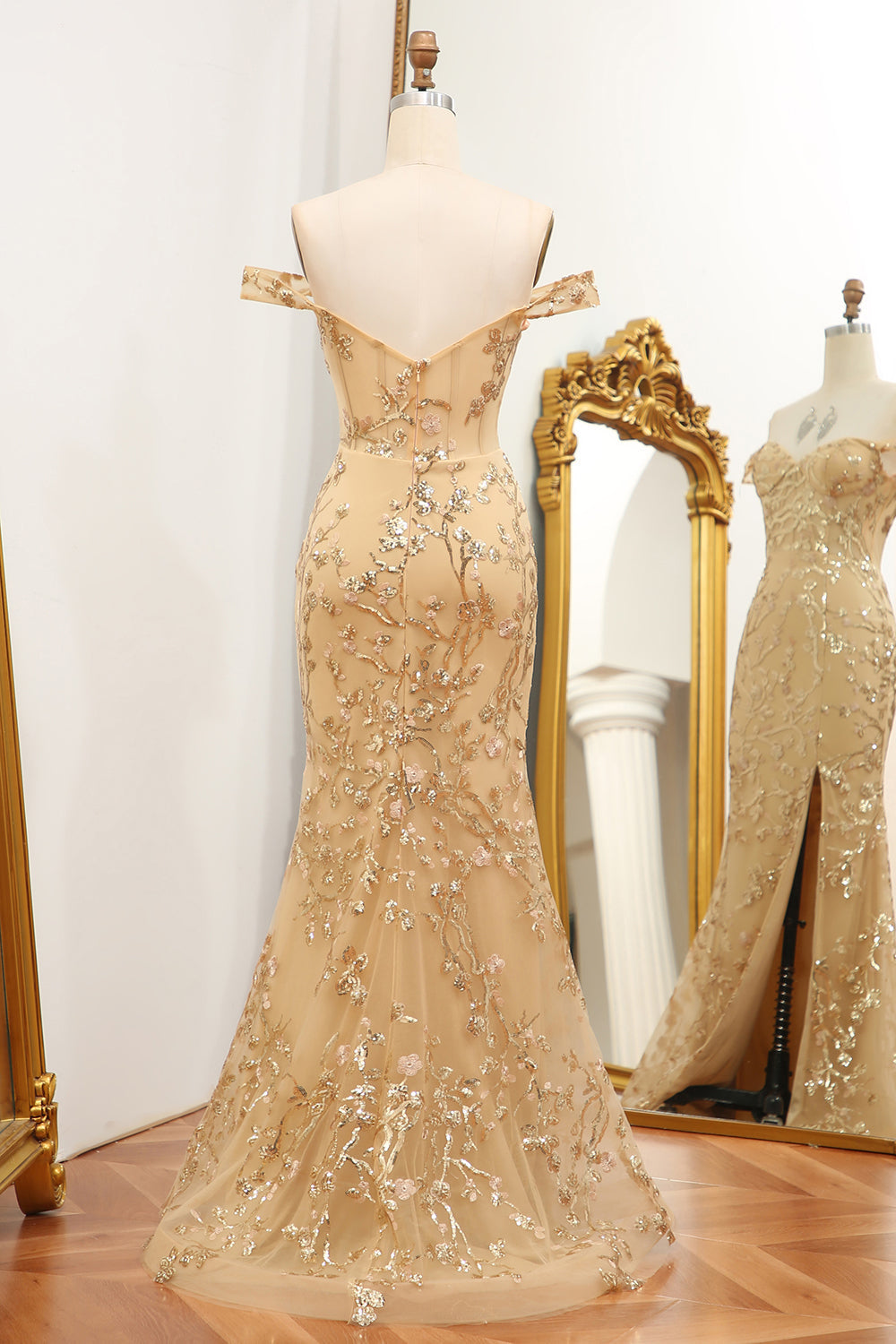 Luolandi Mermaid Off The Shoulder Golden Long Beaded Prom Dress With Slit Sexy Evening Dress