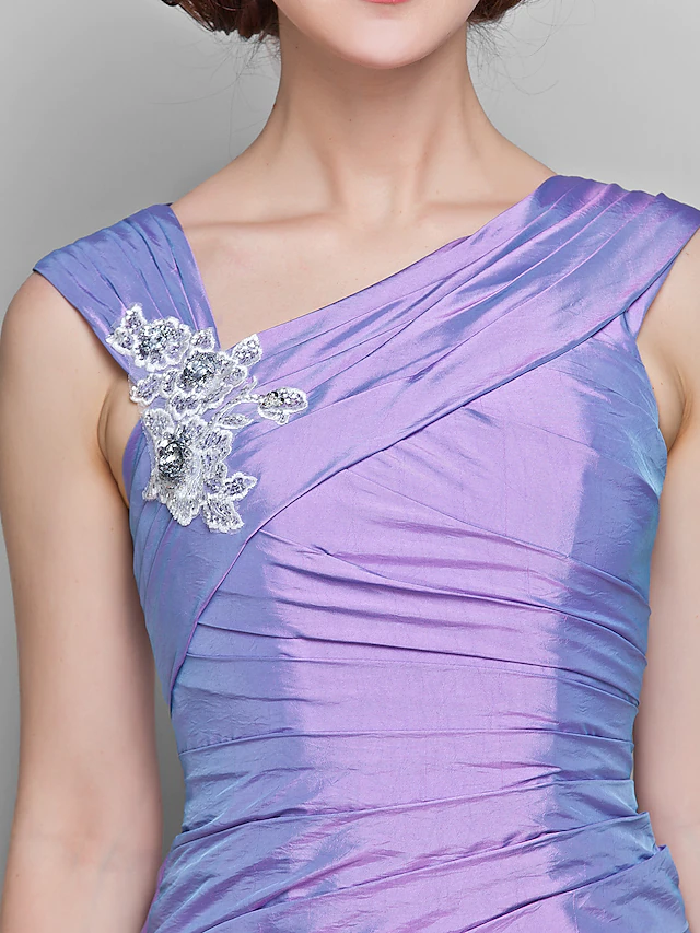 Luolandi Mother of the Bride Dress V Neck Knee Length Taffeta Sleeveless with Lace Ruched Flower Lilac