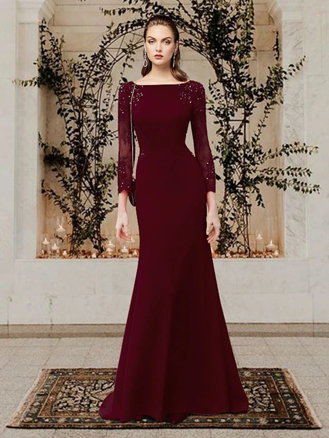 Luolandi Mermaid / Trumpet Mother of the Bride Dress Elegant Jewel Neck Sweep / Brush Train Chiffon Lace Tulle Long Sleeve