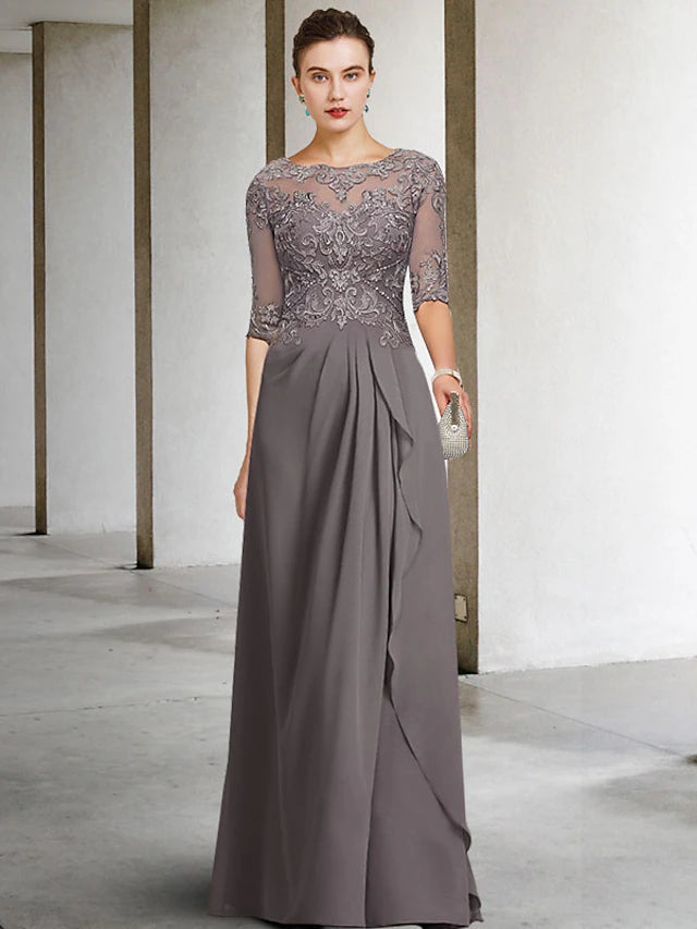 Luolandi A-Line Mother of the Bride Dress Plus Size Elegant Jewel Neck Floor Length Chiffon Lace Half Sleeve with Pleats Beading