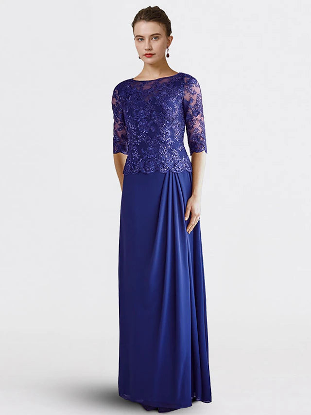 Luolandi Sheath / Column Mother of the Bride Dress Plus Size Elegant Jewel Neck Floor Length Chiffon Lace Half Sleeve with Sequin