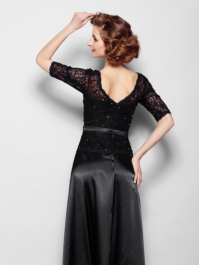 Luolandi Mother of the Bride Dress Elegant V Neck Floor Length Lace Satin Half Sleeve with Lace Bow(s)