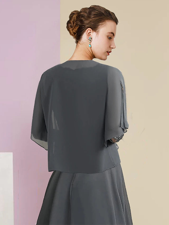 Luolandi Two Piece A-Line Mother of the Bride Dress Formal Wedding Guest Party Elegant Square Neck Asymmetrical Tea Length Chiffon Lace 3/4 Length Sleeve Wrap Included with Ruched