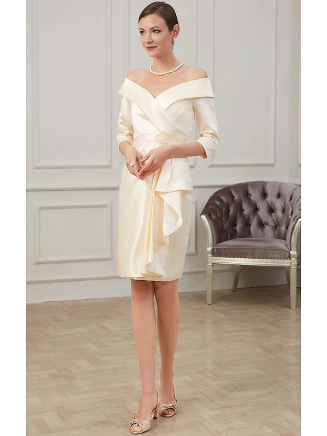 Luolandi Mother of the Bride Dress Plus Size Off Shoulder Knee Length Polyester Half Sleeve with Ruffles