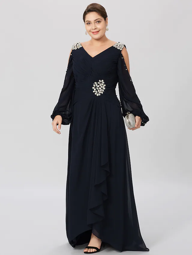 Luolandi Mother of the Bride Dress Classic & Timeless Elegant & Luxurious Plus Size V Neck Asymmetrical Chiffon Satin Long Sleeve with Criss Cross Crystals Dark Navy