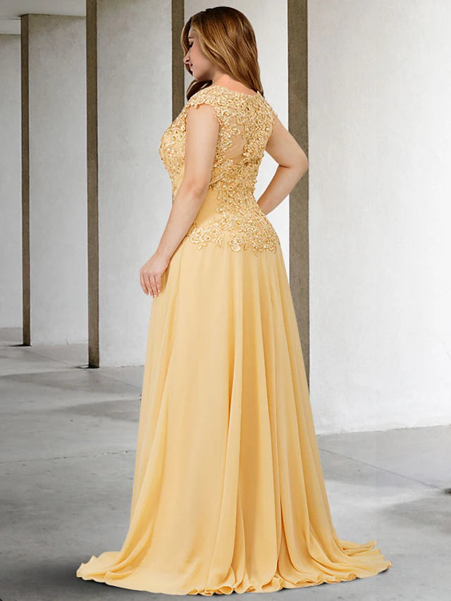 Luolandi A-Line Plus Size Curve Mother of the Bride Dresses Elegant Dress Formal Sweep / Brush Train Sleeveless Jewel Neck Chiffon with Beading