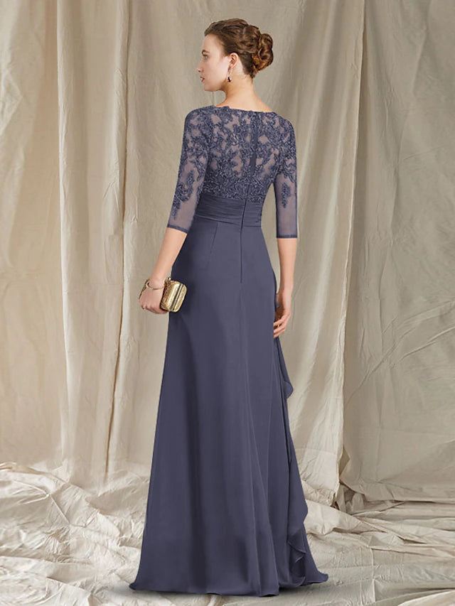 Luolandi Sheath / Column Mother of the Bride Dress Plus Size Elegant V Neck Floor Length Chiffon 3/4 Length Sleeve with Ruffles