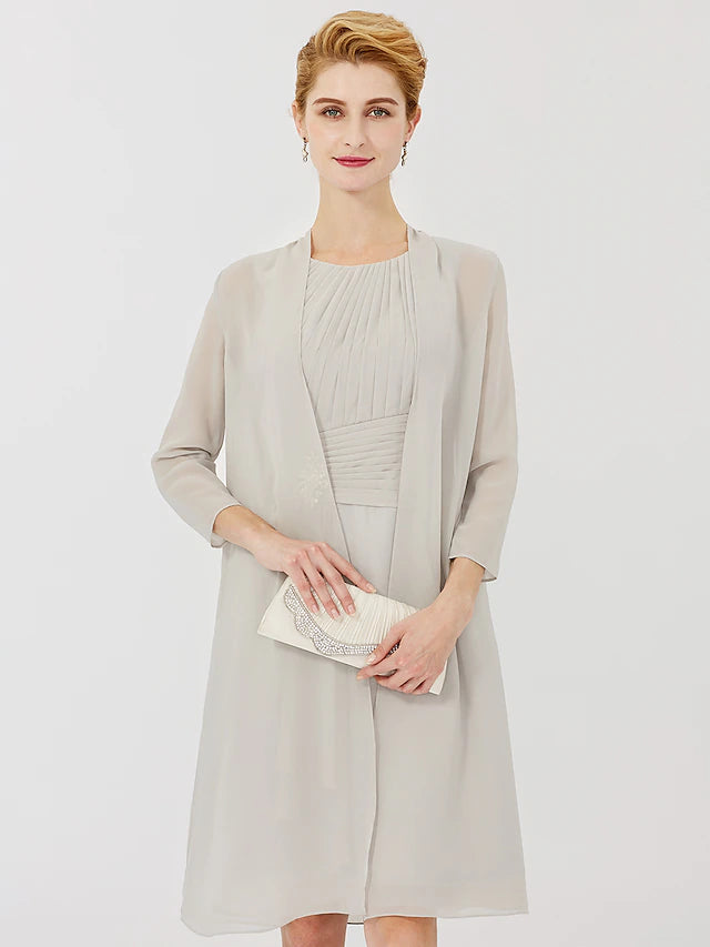 Luolandi Sheath / Column Mother of the Bride Dress Formal Classic & Timeless Elegant & Luxurious Convertible Dress Jewel Neck Knee Length Chiffon 3/4 Length Sleeve with Criss Cross