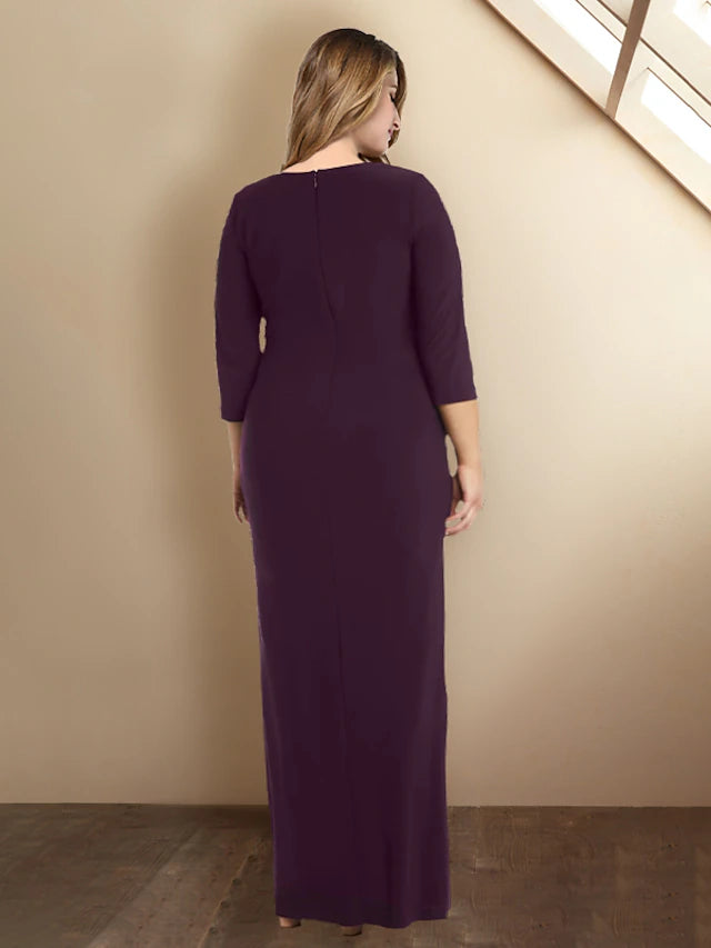 Luolandi Sheath / Column Plus Size Curve Mother of the Bride Dresses Elegant Dress Formal Floor Length 3/4 Length Sleeve Jewel Neck Sequined with Ruffles