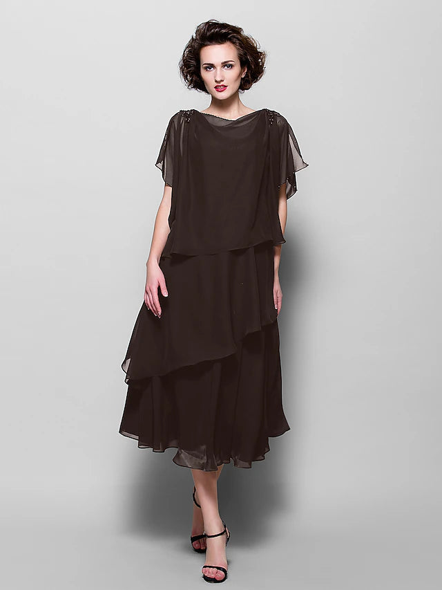Luolandi A-Line Mother of the Bride Dress Plus Size Elegant Cowl Neck Tea Length Chiffon Short Sleeve with Ruffles Crystal