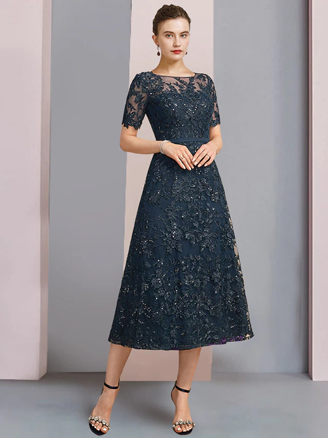 Luolandi Two Piece A-Line Mother of the Bride Dress Elegant Scoop Neck Tea Length Lace Short Sleeve with Sequin
