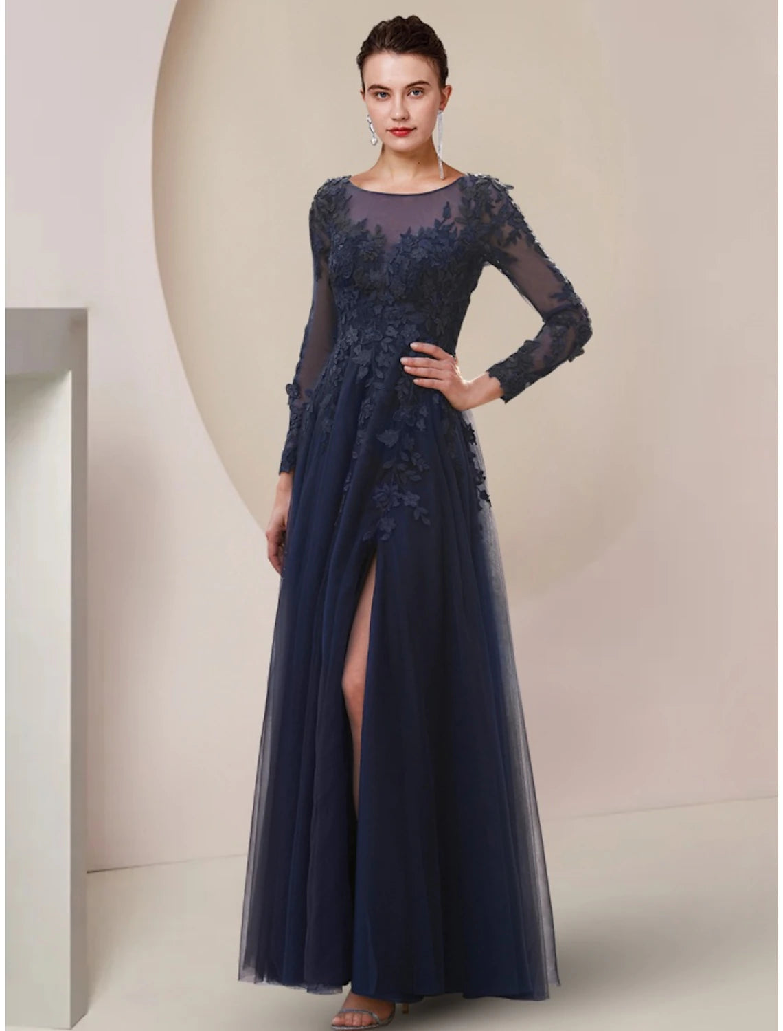 A-Line Mother of the Bride Dress Wedding Guest Elegant Scoop Neck Ankle Length Lace Tulle Long Sleeve with Split Front