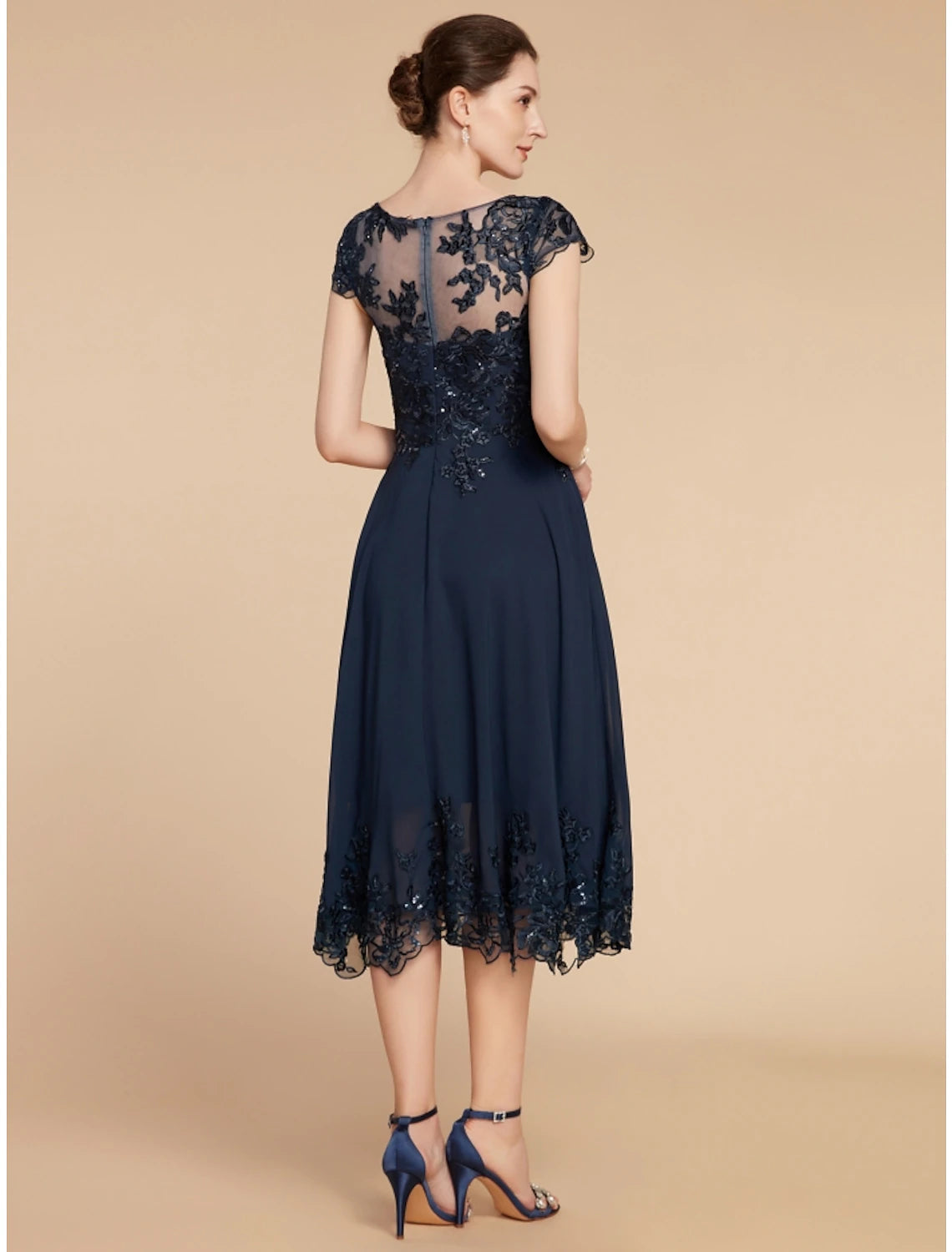 Luolandi A-Line Mother of the Bride Dress Wedding Guest Elegant Petite Scoop Neck Tea Length Chiffon Lace Cap Sleeve with Sequin Ruching