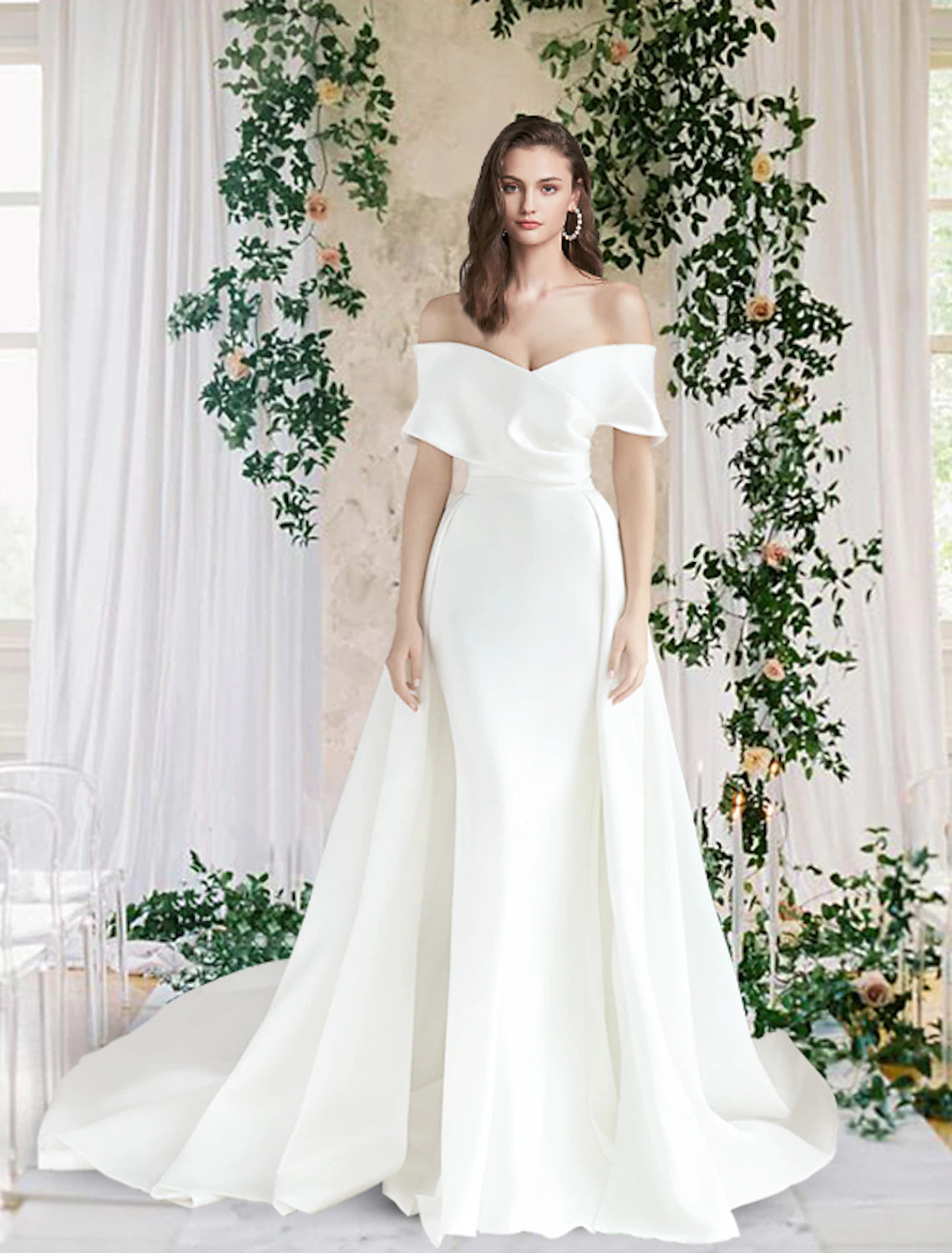 Luolandi Hall Casual Wedding Dresses Chapel Train Sheath / Column Cap Sleeve Off Shoulder Satin