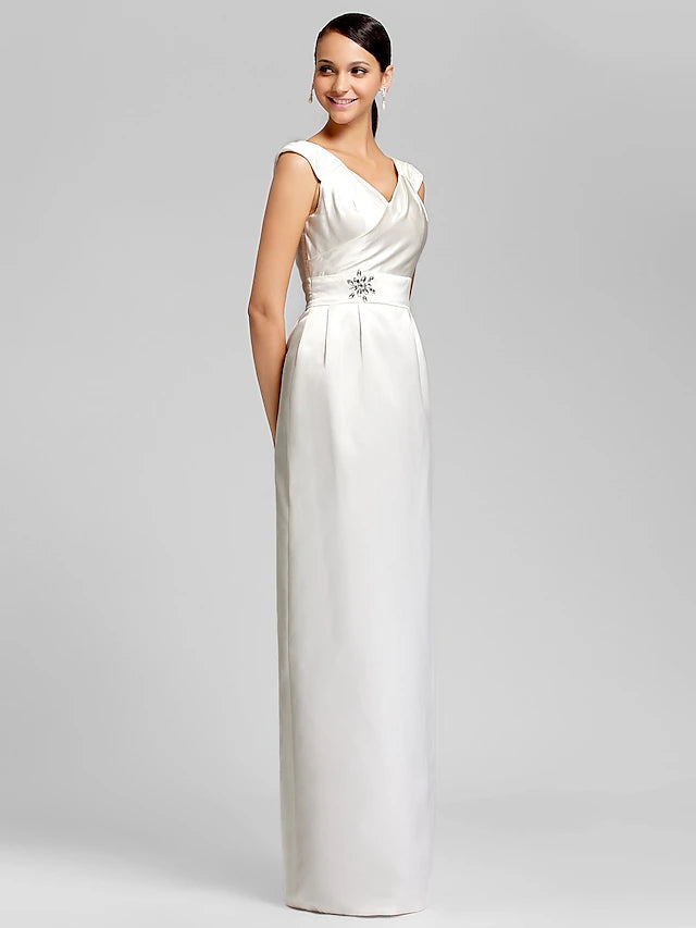 Luolandi Sheath / Column Bridesmaid Dress V Neck Sleeveless Elegant Floor Length Satin with Sash / Ribbon