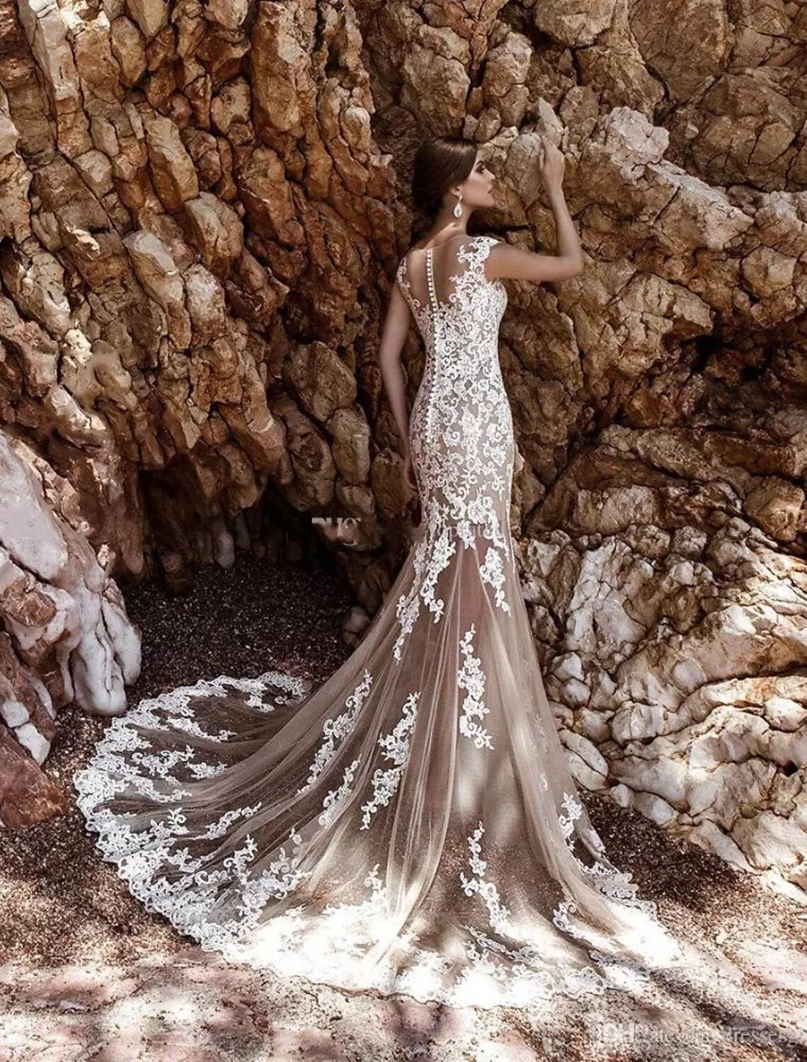 Luolandi Engagement Formal Wedding Dresses Mermaid / Trumpet Illusion Neck Cap Sleeve Court Train Lace Bridal Gowns