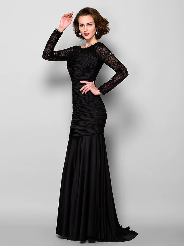 Luolandi Mother of the Bride Dress Beautiful Back Jewel Neck Lace Jersey Long Sleeve with Lace Ruched