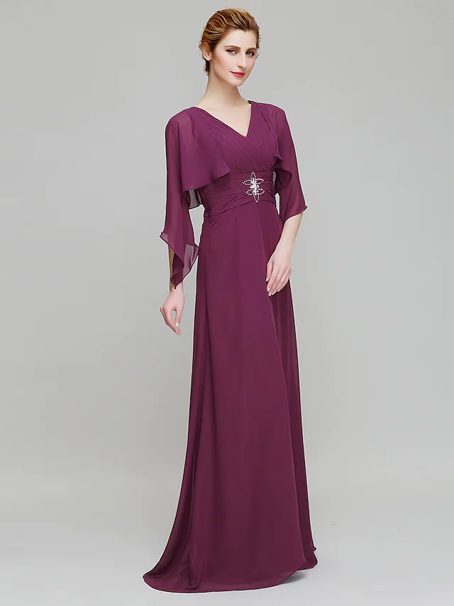 Luolandi Mother of the Bride Dress V Neck Floor Length Chiffon 3/4 Length Sleeve with Criss Cross Crystals Grape