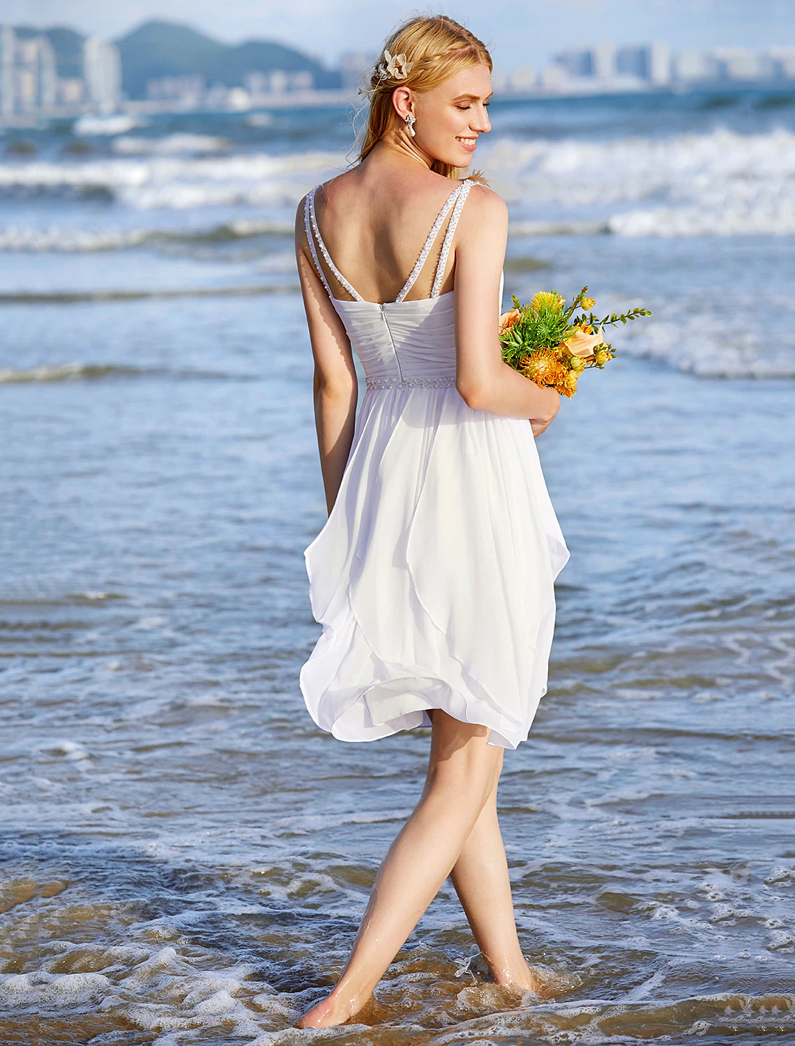 Luolandi Wedding Dresses A-Line Sweetheart Regular Straps Knee Length Chiffon Bridal Gowns With Sash / Ribbon