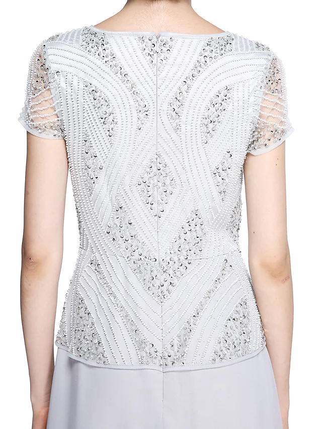Luolandi Mother of the Bride Dress Jewel Neck Floor Length Chiffon Short Sleeve with Beading Sequin Silver