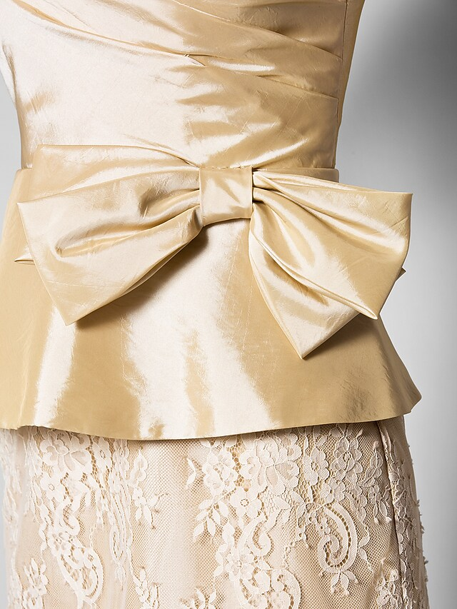 Luolandi Mother of the Bride Dress Vintage Inspired Jewel Neck Knee Length Lace Taffeta 3/4 Length Sleeve with Bow(s) Champagne