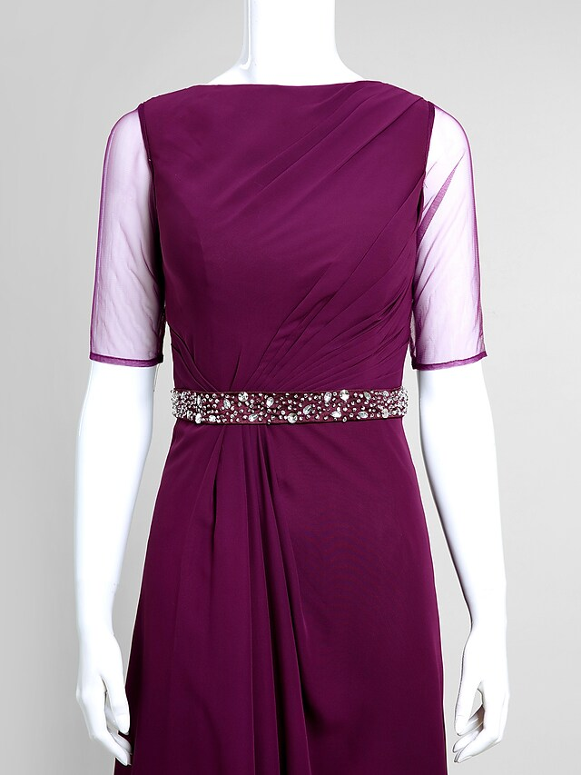 Luolandi Mother of the Bride Dress Elegant Bateau Neck Floor Length Chiffon Tulle Half Sleeve with Beading Grape