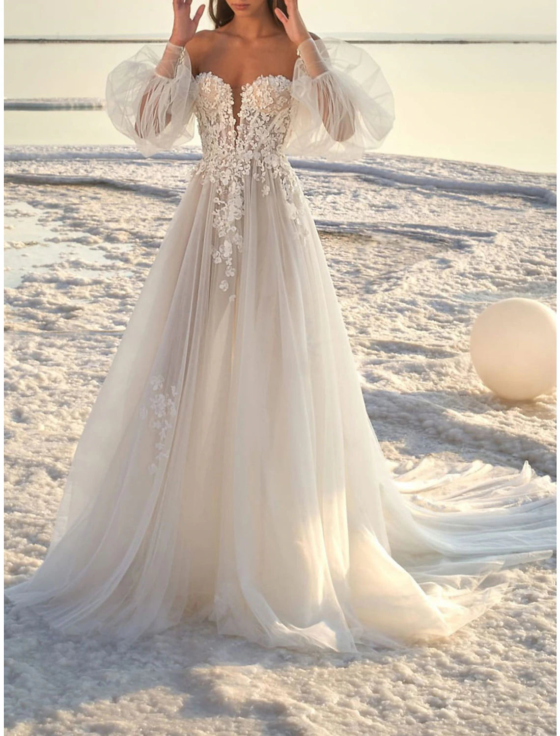 Luolandi Beach Formal Wedding Dresses A-Line Off Shoulder Long Sleeve Court Train Lace Bridal Gowns With Appliques Fall Wedding Party