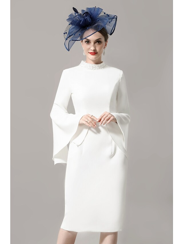 Luolandi Mother of the Bride Dress Wrap Included High Neck Knee Length Jersey 3/4 Length Sleeve with Crystals Ivory