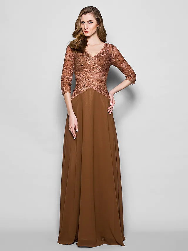 Luolandi A-Line Mother of the Bride Dress V Neck Floor Length Lace Georgette Length with Lace Beading Brown