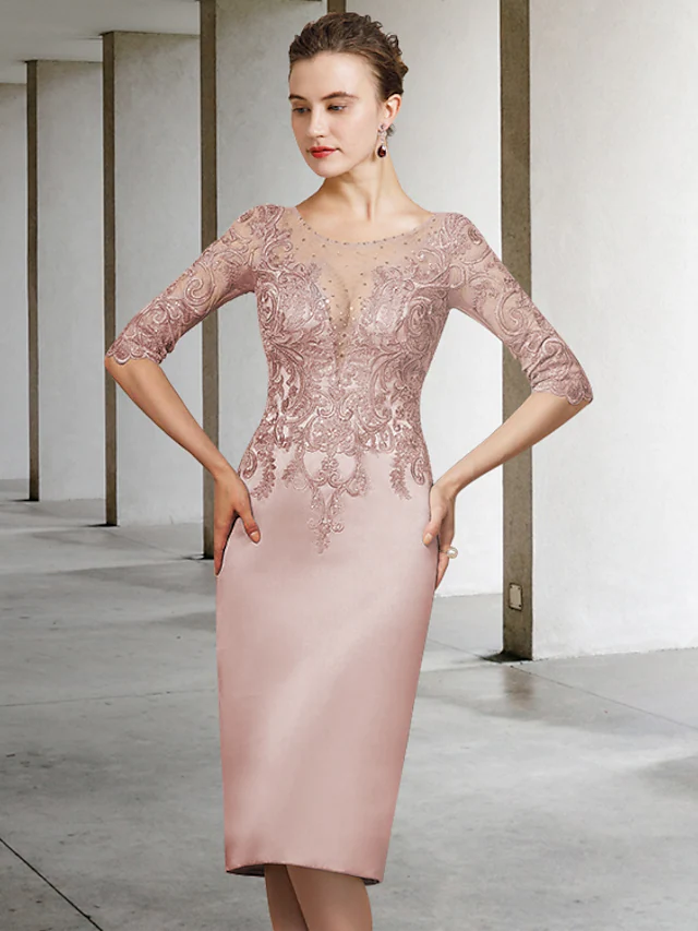 Luolandi Mother of the Bride Dress Elegant Jewel Neck Knee Length Lace Satin Length Sleeve with Appliques Dusty Rose