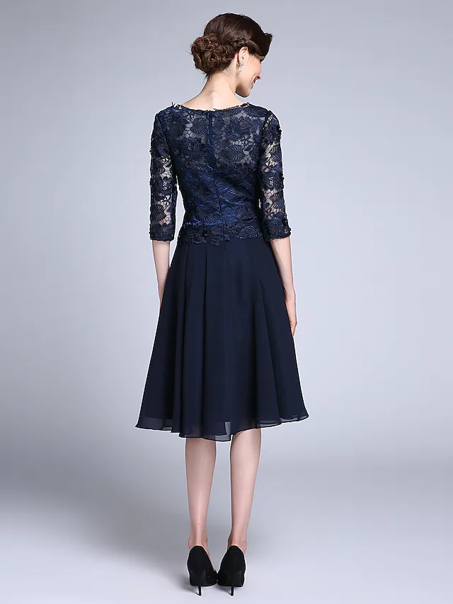 Luolandi Mother of the Bride Dress Elegant V Neck Knee Length Chiffon Sheer Lace Half Sleeve with Lace Dark Navy