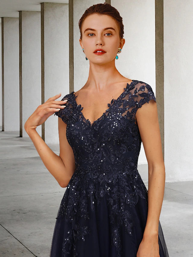 Luolandi A-Line Mother of the Bride Dress Vintage Elegant V Neck Floor Length Tulle Sequined Cap Sleeve