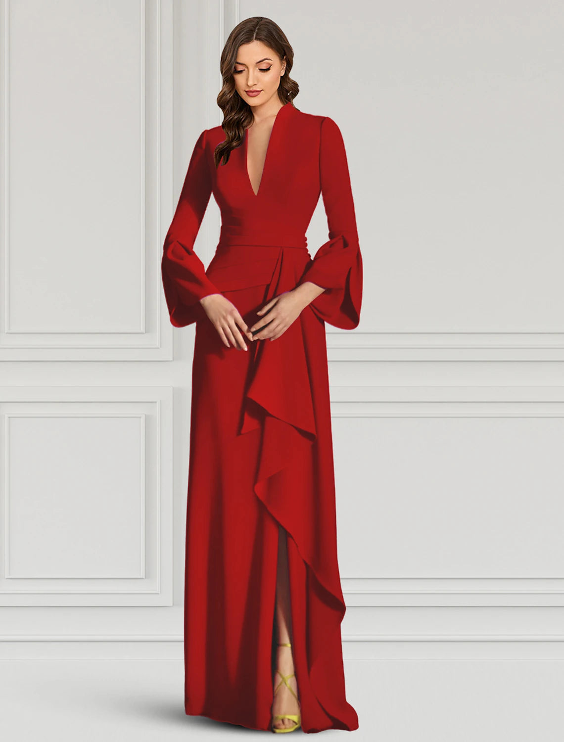 Luolandi Sheath Evening Gown Elegant Black Dress Formal Cocktail Party Dress Floor Length Long Sleeve V Neck Fall Wedding Guest Fabric