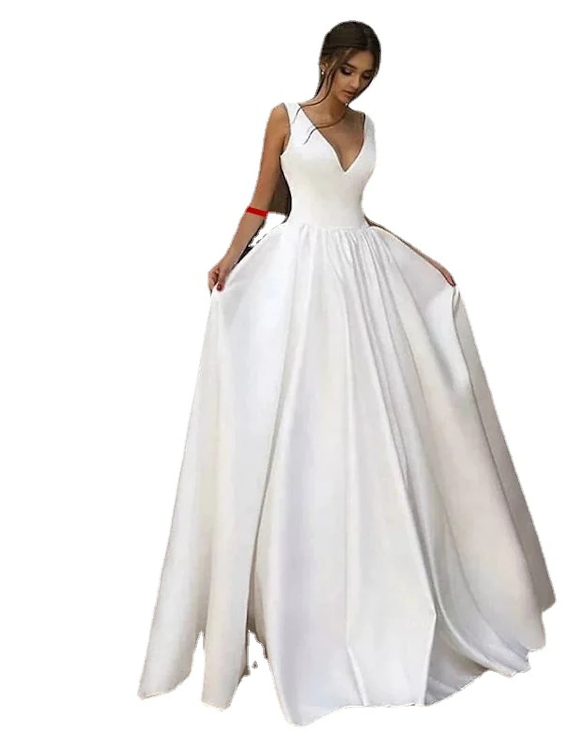 Luolandi Reception Casual Formal Wedding Dresses A-Line V Neck Sleeveless Floor Length Satin Bridal Gowns With Pleats Solid Color Fall Wedding Party