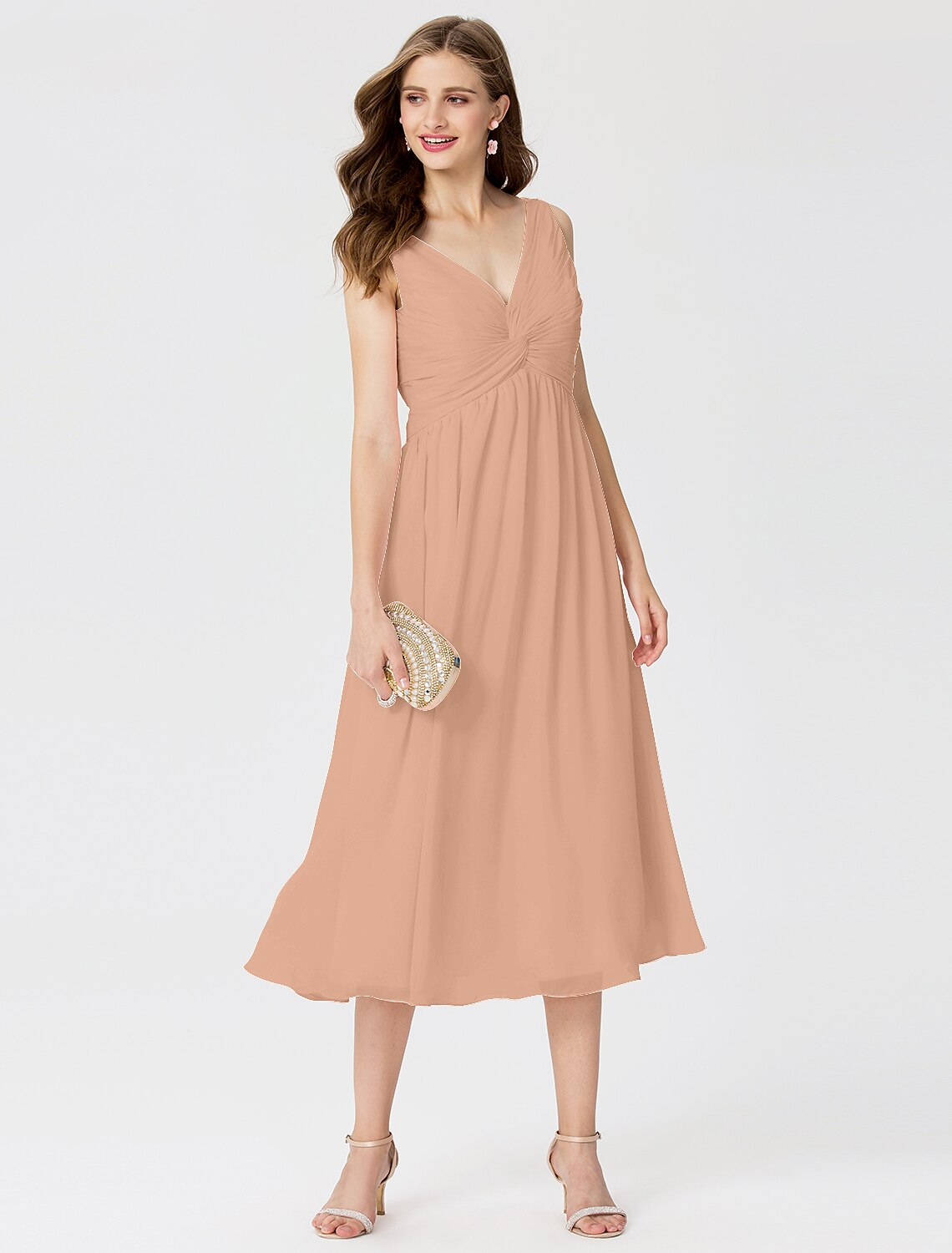 Luolandi Ball Gown / A-Line V Neck Tea Length Chiffon Bridesmaid Dress with Criss Cross