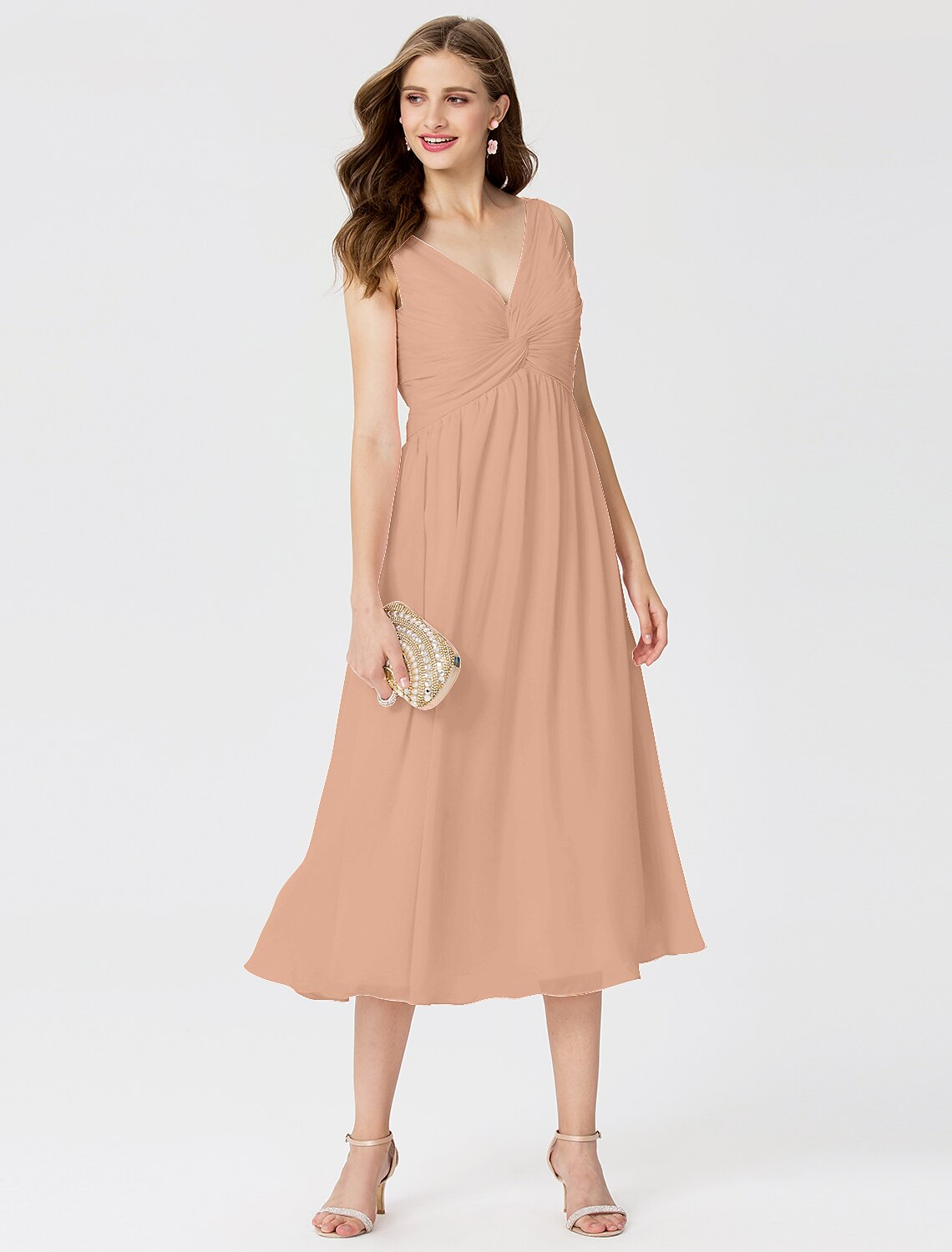 Ball Gown / A-Line V Neck Tea Length Chiffon Bridesmaid Dress with Criss Cross