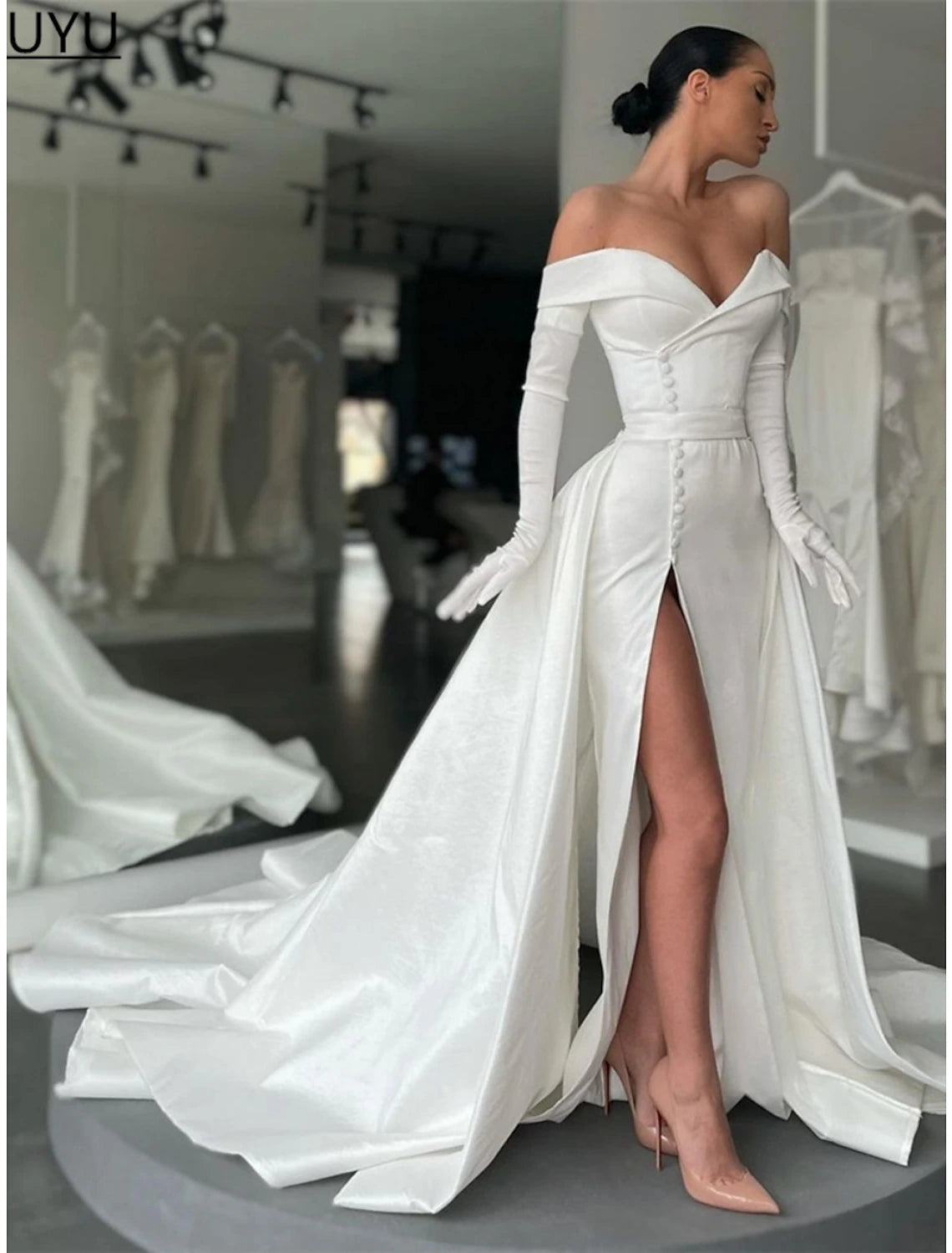 Luolandi A-Line Evening Gown Elegant Dress Formal Court Train Long Sleeve Off Shoulder Satin with Buttons Pleats