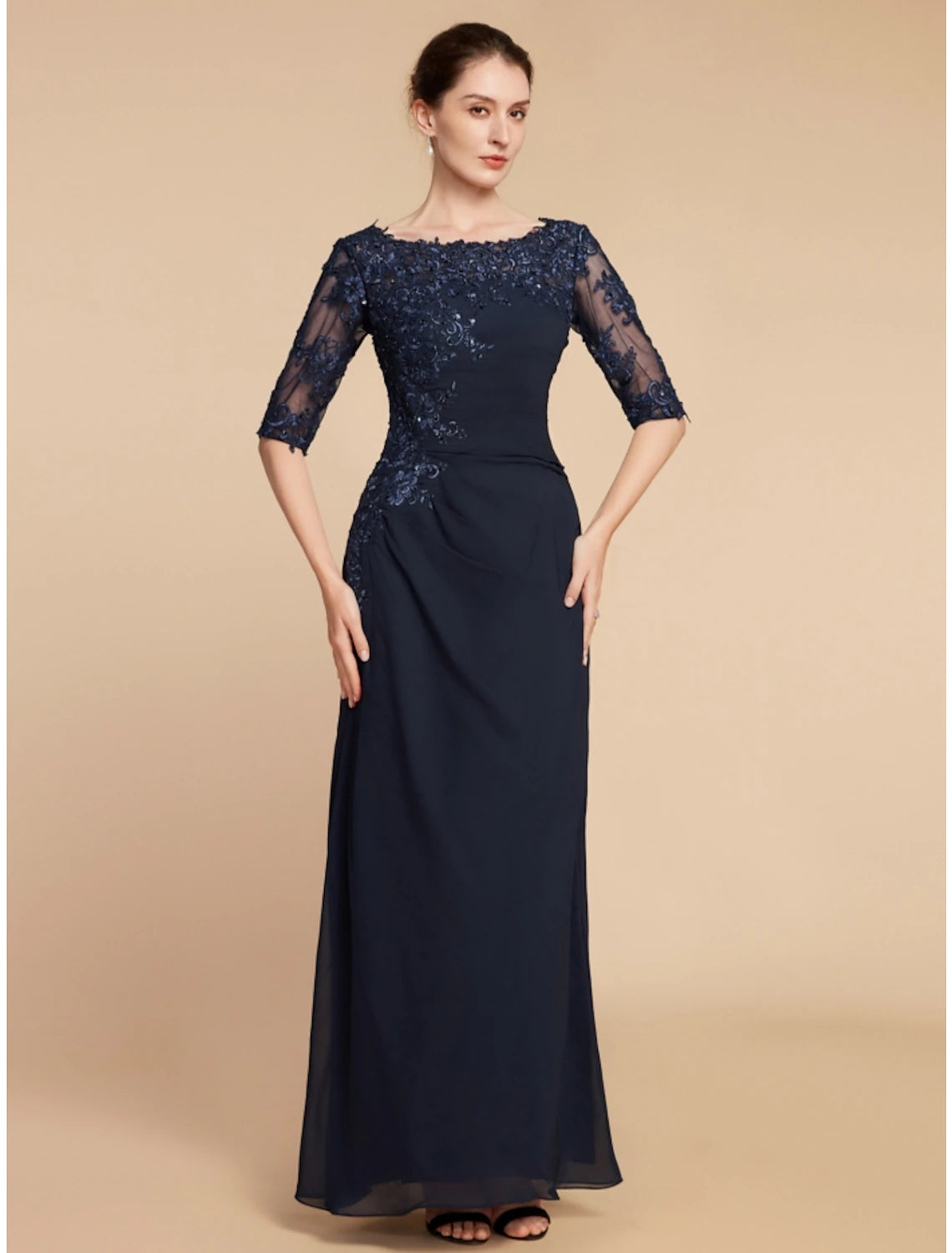 Luolandi Sheath / Column Mother of the Bride Dress Wedding Guest Elegant Scoop Neck Ankle Length Chiffon Lace Half Sleeve with Sequin Ruching