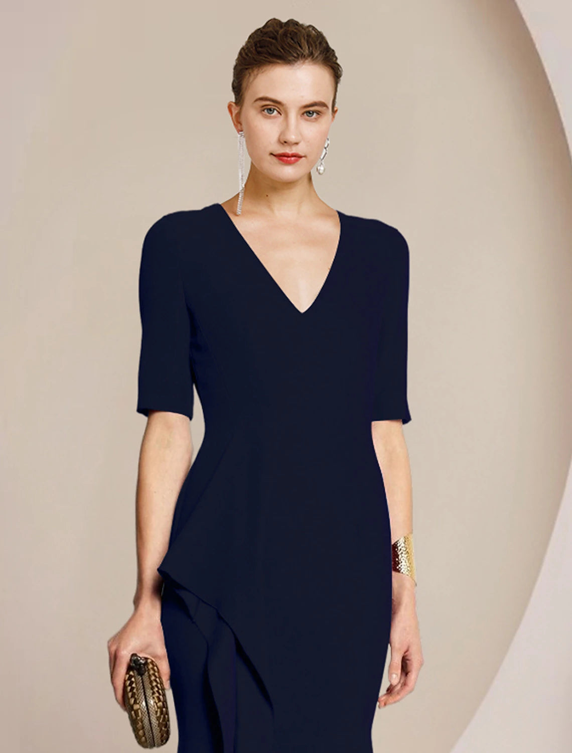 Luolandi Sheath / Column Mother of the Bride Dress Formal Wedding Guest Elegant V Neck Floor Length Satin Half Sleeve with Split Front