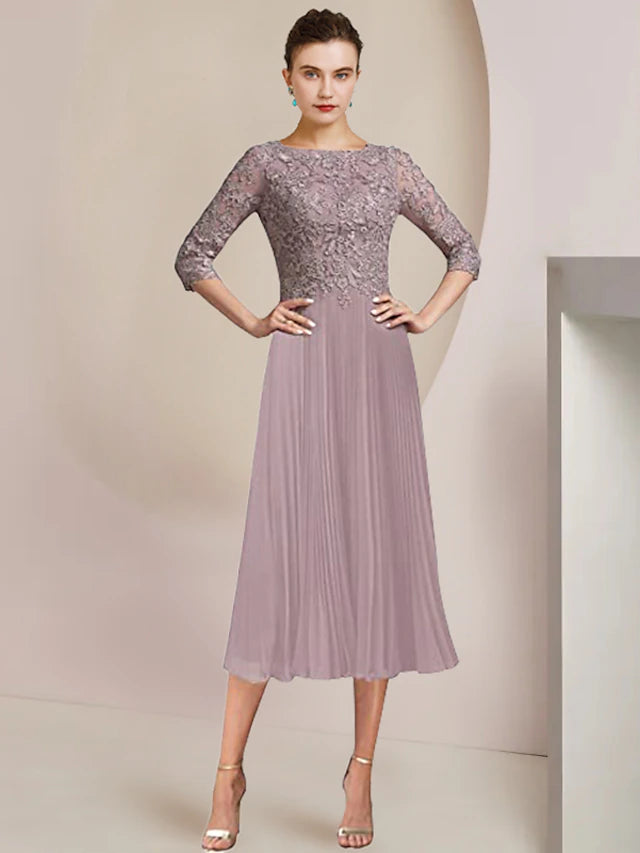 Luolandi Two Piece A-Line Mother of the Bride Dress Formal Wedding Guest Elegant Scoop Neck Tea Length Lace 3/4 Length Sleeve Wrap Included with Pleats