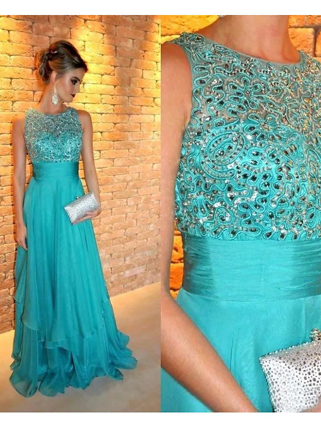 Luolandi A-Line Evening Gown Tiered Prom Dress Formal Sweep / Brush Train Sleeveless Jewel Neck Chiffon