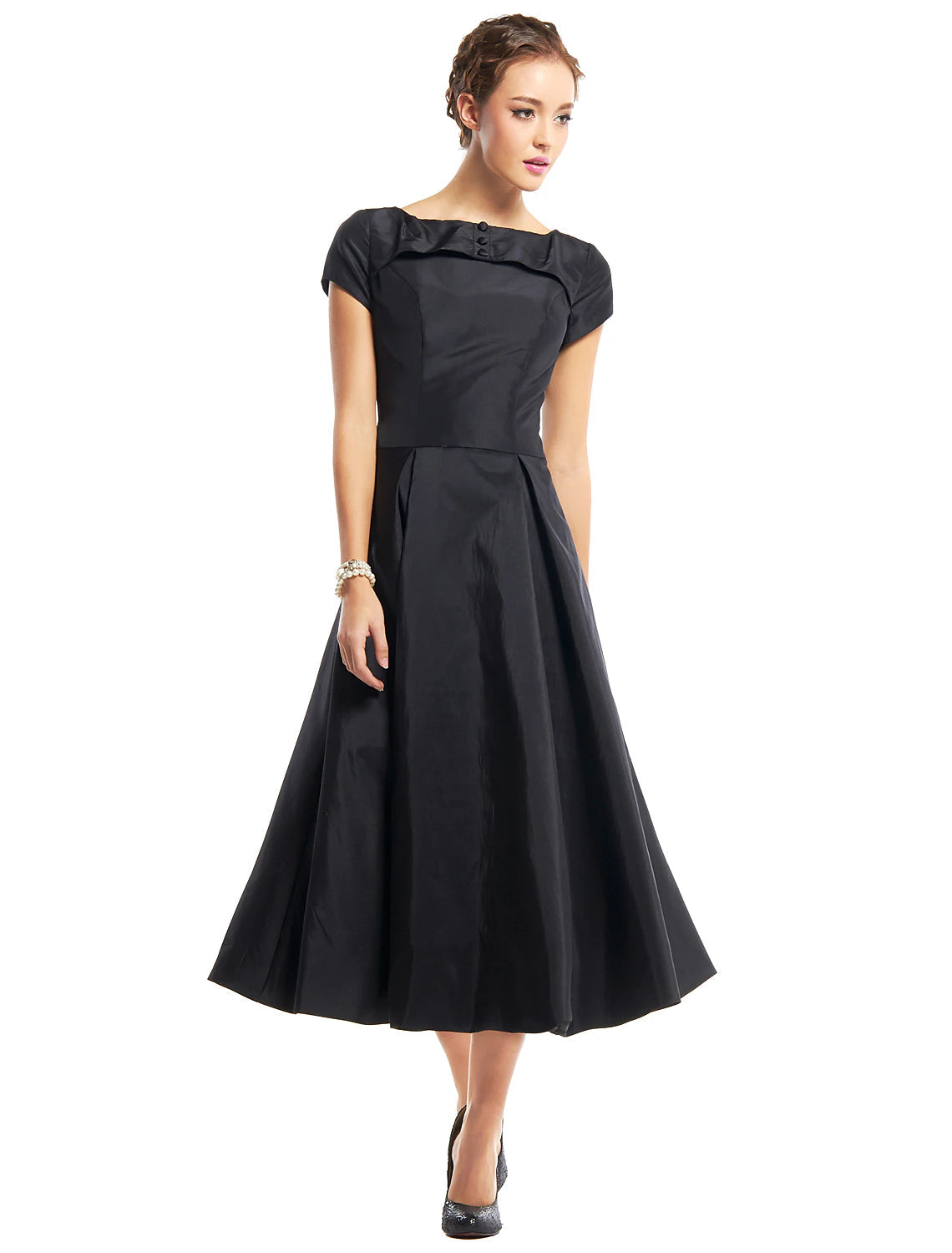 Luolandi A-Line Black Dress Vintage Homecoming Wedding Guest Tea Length Short Sleeve Boat Neck Taffeta
